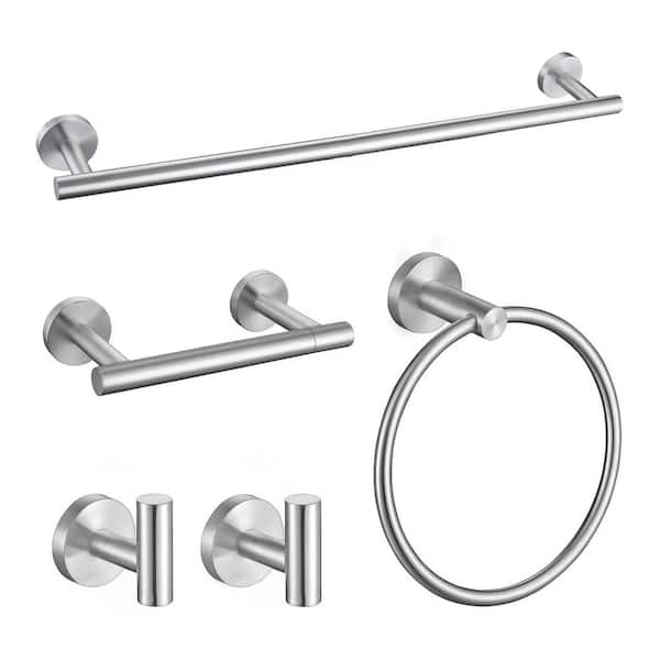 5-Piece Bathroom Hardware Set Wall Mounted with 24 in. Towel Bar, Robe Hooks and Paper Holder for Home in Brushed Steel