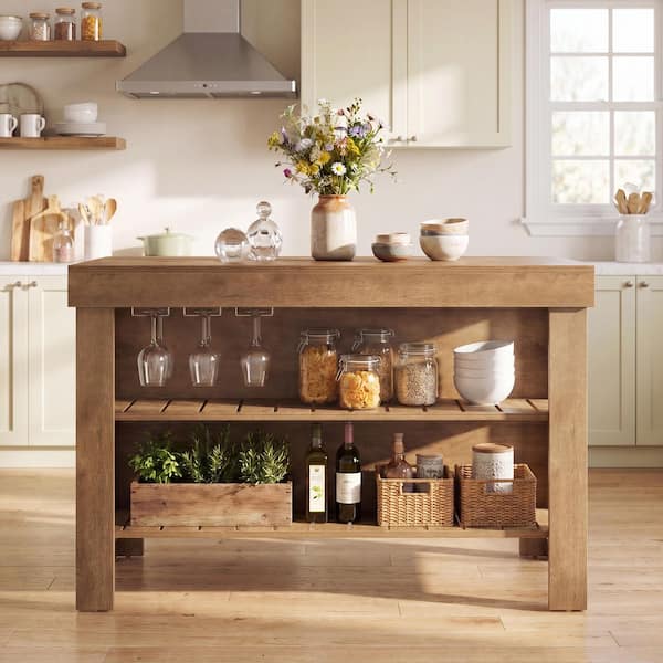 BYBLIGHT Kearsten Brown Wood 55.12 in. Kitchen Island with 2-Tier