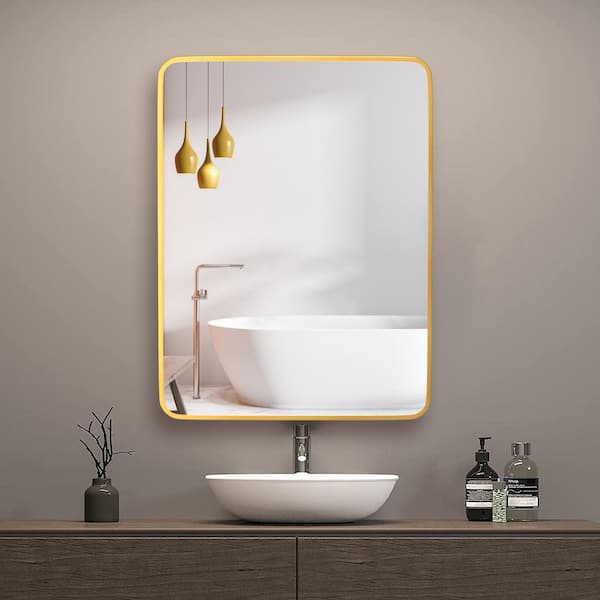 Getpro 24 in. W x 32 in. H Large Rectangular Aluminum Alloy Framed Wall Mounted Bathroom Vanity Mirror in Brushed Gold