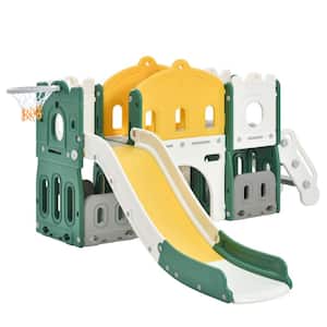 Green Outdoor/Indoor HDPE Kids Slide Playset Freestanding Castle Climber with Slide and Basketball Hoop