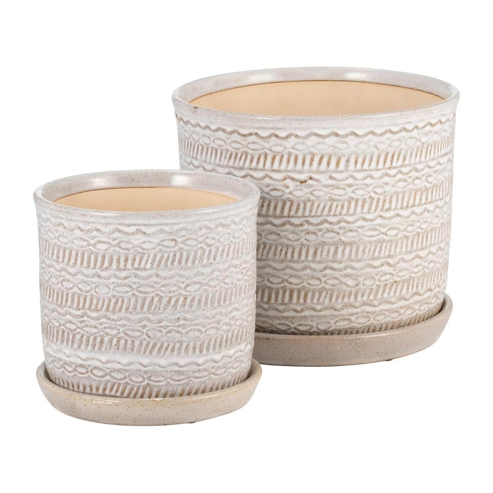 Ivory Beige Ceramic Tribal Planter Set with Saucers
