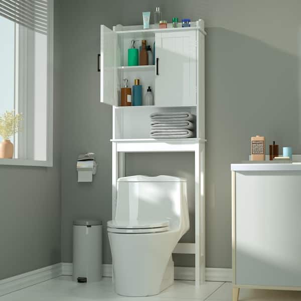 Basicwise QI004022.WT White Over The Toilet Standing Cabinet Organizer for Bathroom with Open Shelf