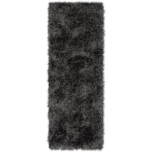 Kuki Chie Glam Solid Textured Ultra-Soft Black 2 ft. 3 in. x 7 ft. 3 in. Runner Two-Tone Shag Rug