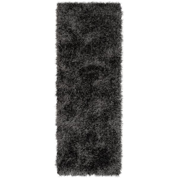Well Woven Kuki Chie Glam Solid Textured Ultra-Soft Black 2 ft. 3 in. x 7 ft. 3 in. Runner Two-Tone Shag Rug