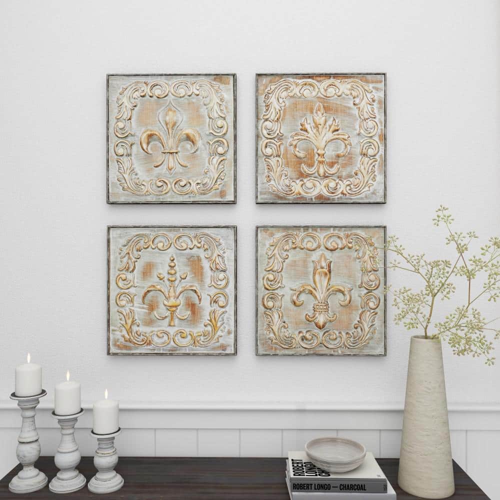 Set of Four Brass Finish Embossed Copper Alloy Wall Sculptures