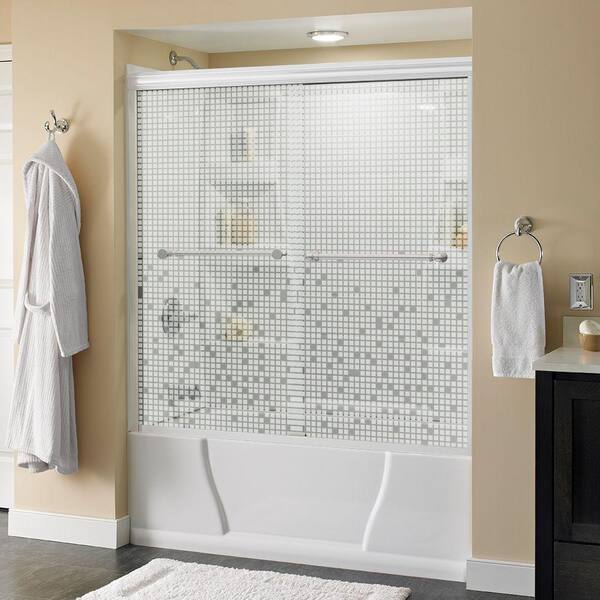 Delta Silverton 60 in. x 58-1/8 in. Semi-Frameless Traditional Sliding Bathtub Door in White and Chrome with Mozaic Glass
