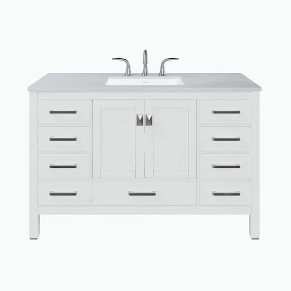 Aberdeen 54 in. Single Sink White Bath Vanity with White Carrara Quartz Top (Assembled)