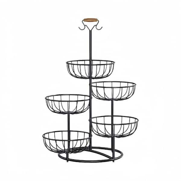 1 Piece Black Metal 5 Tier Fruit Basket Tower Stand with Banana Hanger Stable Base for Kitchen Counter for Potato Onion