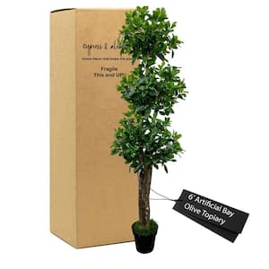 Handmade 6 ft. Artificial Bay Olive Triple Topiary Tree in Home Basics Plastic Pot Made with Real Wood and Moss Accents