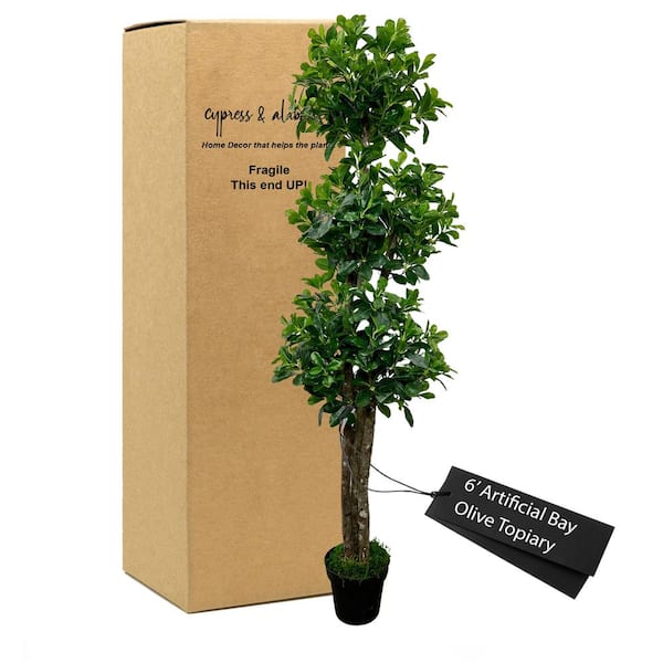 CYPRESS & ALABASTER Handmade 6 ft. Artificial Bay Olive Triple Topiary Tree in Home Basics Plastic Pot Made with Real Wood and Moss Accents