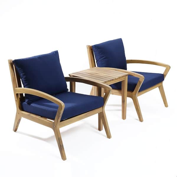 3-Piece Wood Outdoor Dining Set Side Table and Set of 2-Armchairs with Blue Cushions