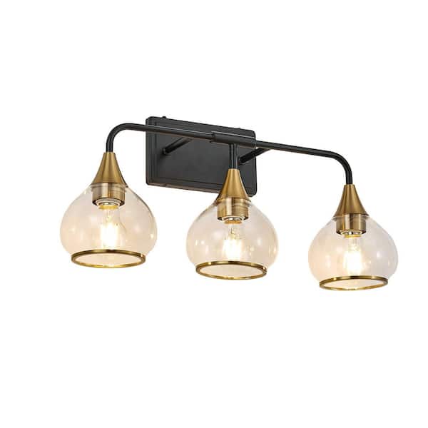 Modern 23 in. 3-Light Gold Vanity Light Wall Sconce with Clear Glass Shades, Industrial Wall Mounted Lamp(No Bulb)