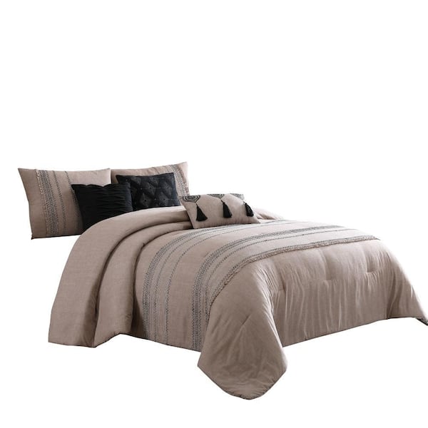 THE URBAN PORT Veria 6-Piece Beige Solid Print Microfiber Queen Comforter Set
