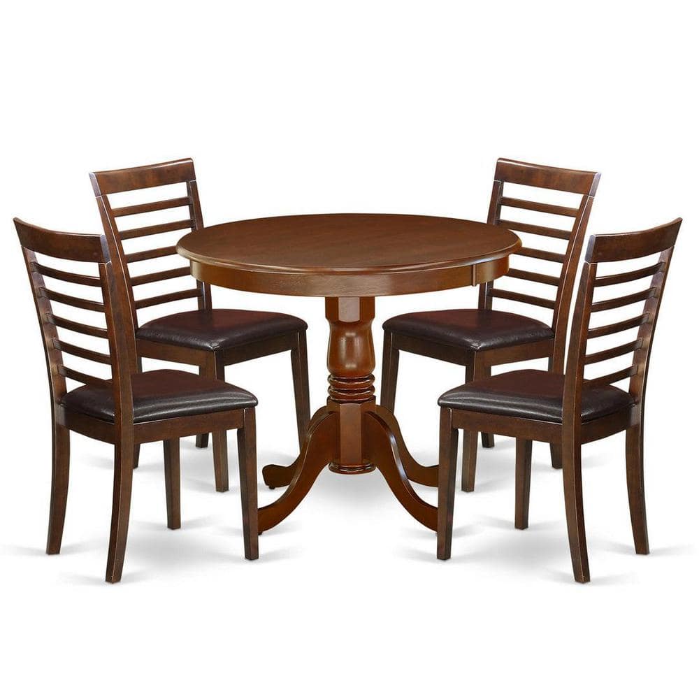 Mahogany Round Pedestal Dining Table with 4 Faux Leather Chairs