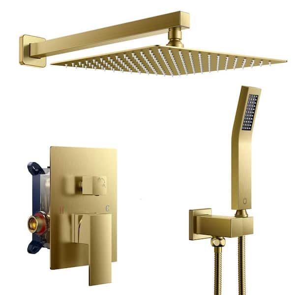 12 in. 2-Jet High-Pressure Rainfall Bathroom Shower System in Matte Gold with Square Head and Handheld Showe