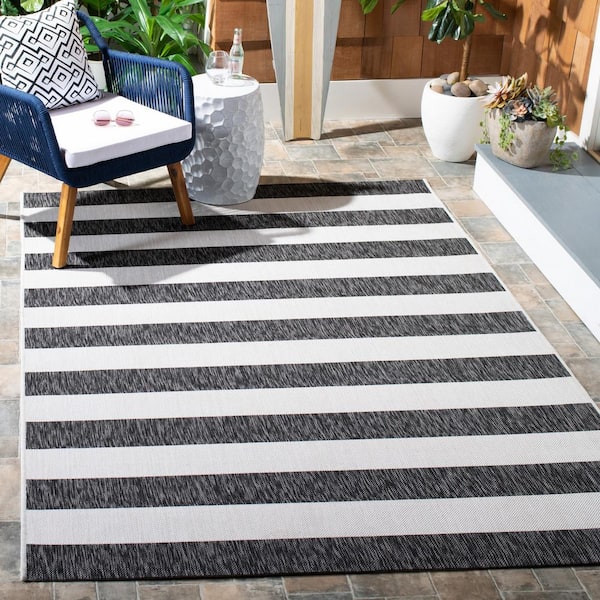 Courtyard Ivory/Black 7 ft. x 7 ft. Striped Indoor/Outdoor Square Area Rug