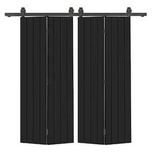 44 in. x 80 in. Hollow Core Black Painted MDF Composite Modern Bi-Fold Double Barn Door with Sliding Hardware Kit
