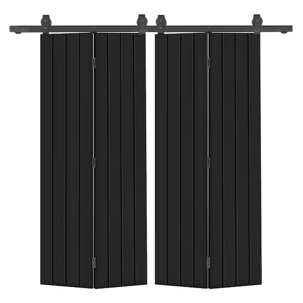 CALHOME 60 in. x 80 in. Hollow Core Black Painted MDF Composite Modern Bi-Fold Double Barn Door with Sliding Hardware Kit
