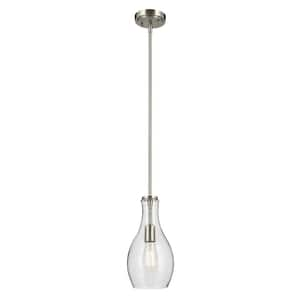 Everly 13.75 in. 1-Light Brushed Nickel Modern Shaded Bell Kitchen Hanging Pendant Light with Clear Seeded Glass