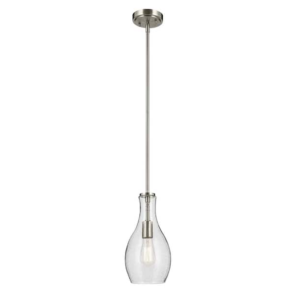 KICHLER Everly 13.75 in. 1-Light Brushed Nickel Modern Shaded Bell Kitchen Hanging Pendant Light with Clear Seeded Glass