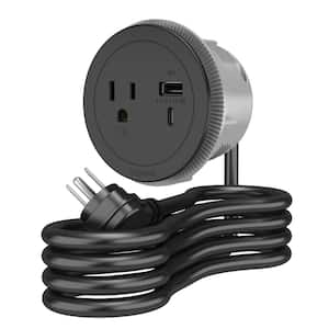 6 ft. Cord 15 Amp 1-Outlet and 2 Type A/C USB Round Recessed Furniture Power Strip in Black