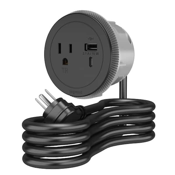 Legrand 10 ft. Cord 15 Amp 1-Outlet and 2 Type A/C USB Round Recessed Furniture Power Strip in Black