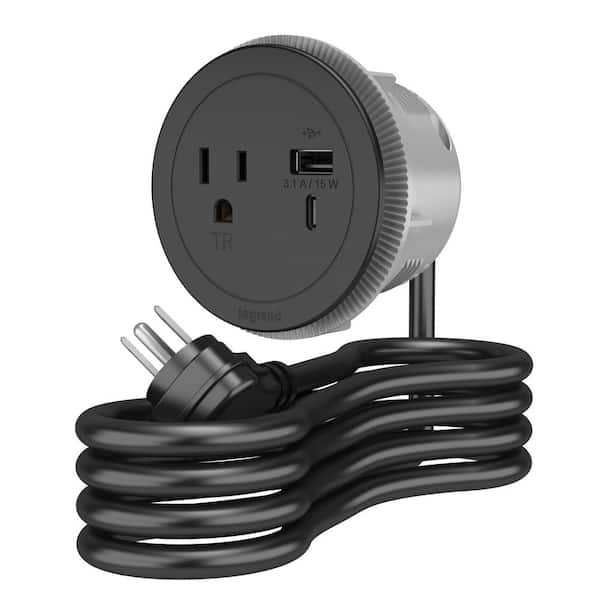 Legrand Round 15 Amp 1-Outlet and 2 Type A/C USB Black Recessed Furniture Power Strip with 10 Ft. Cord
