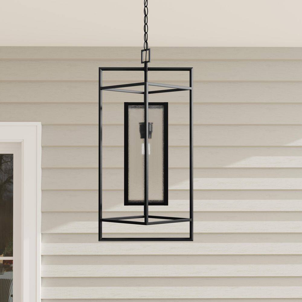 Matte Black Seeded Glass Outdoor Hanging Pendant Light