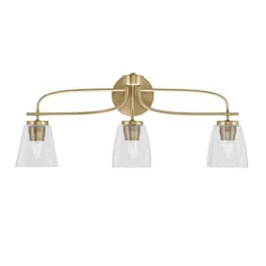 Olympia 26 in. 3-Light New Age Brass Vanity Light  Square Clear Bubble Glass Shade