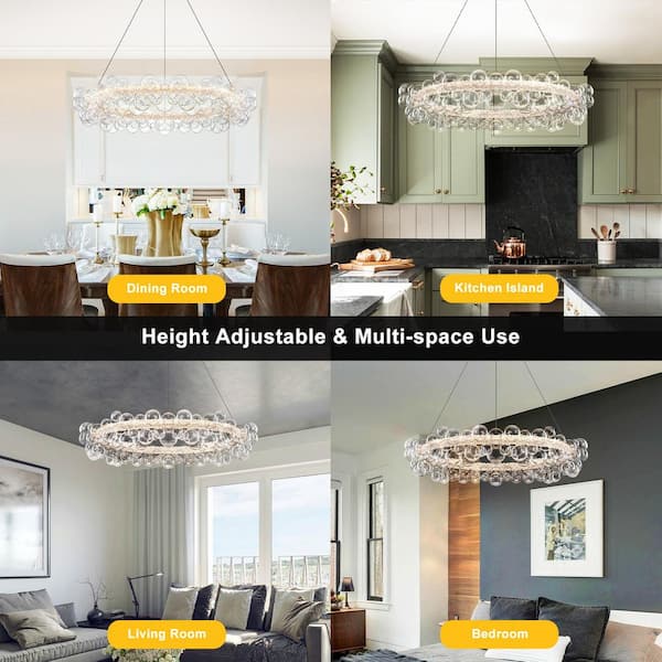 35.43 in. 1-Light Gold Modern Round Globe Crystal Integrated LED Chandelier Dimmable Pendant Light with Glass Bubbles