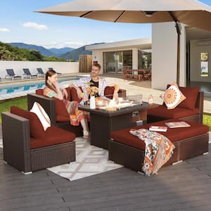 7 Piece Large Espresso Wicker Patio Fire Pit Sectional Deep Seating Sofa Set with Ottamans and Ruby Red Cushions
