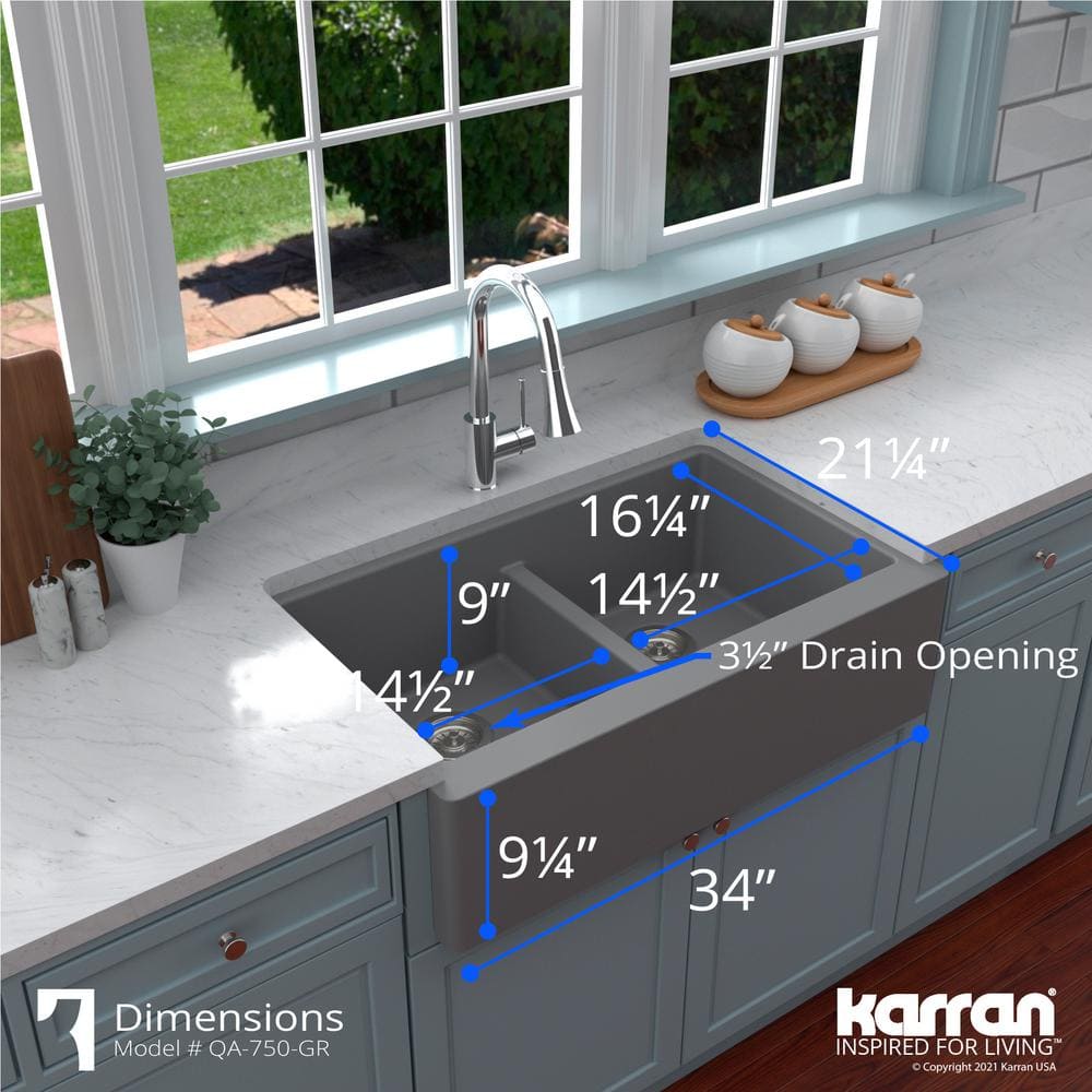 Gray Quartz Farmhouse Double Bowl Kitchen Sink, 34"