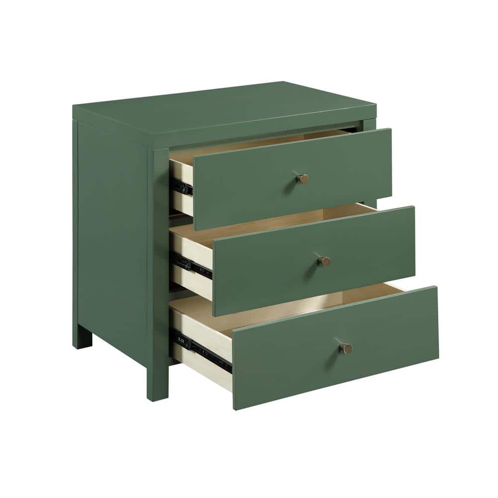 Nolan Vintage Green 3-Drawer Wood Nightstand with Gold Knobs