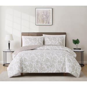 Sylvana Jacobean Comforter Set White and Taupe Polyester 3-Piece Full/Queen Comforter Set