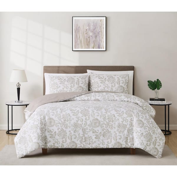 Cannon Sylvana Jacobean Comforter Set White and Taupe Polyester 3-Piece Full/Queen Comforter Set