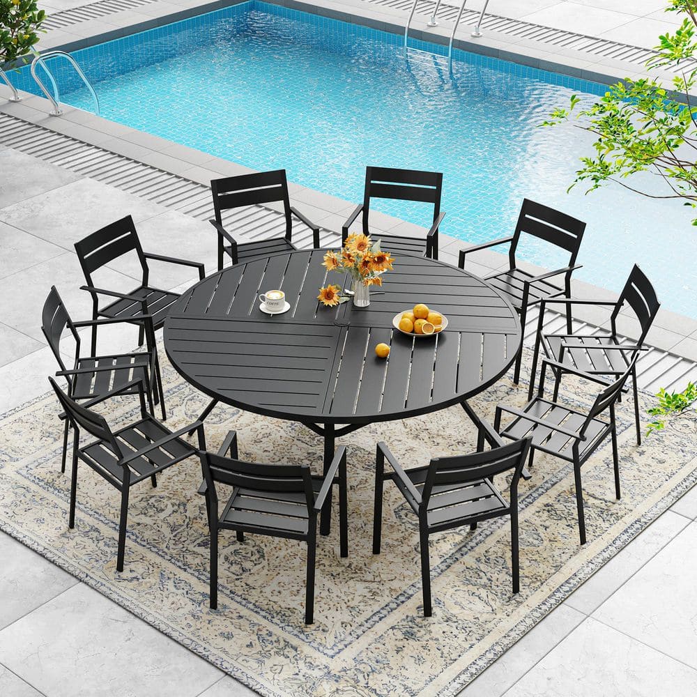 11-Piece Metal Outdoor Patio Dining Set with 59.8 in. Black Round Slatted Table and 10 Black Stackable Dining Chairs price history on PriceWatchPro