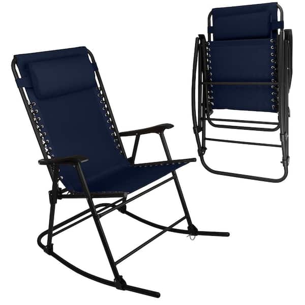 Black Metal Frame Textilene Outdoor Glider-Outdoor Zero Gravity Folding Lounge Rocker with Pillow, Navy