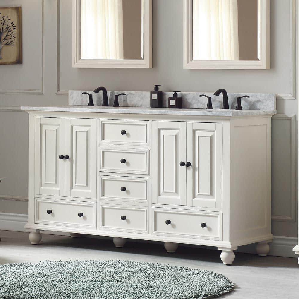French White 60" Double Freestanding Solid Wood Vanity Cabinet