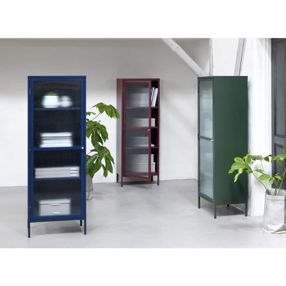 Blue Metal and Glass 63" Display Cabinet with Golden Handle