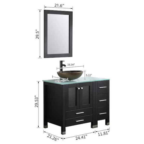 36 in. W x 21.3 in. D x 29.1 in. H Single Sink Bath Vanity in Black with Glass Top and Mirror