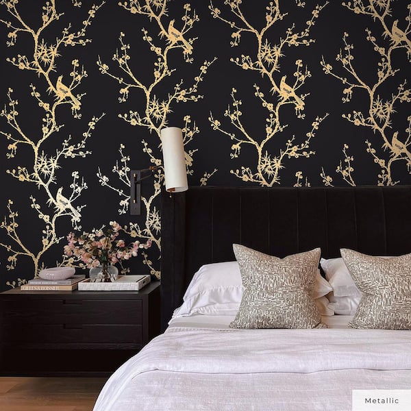 Cynthia Rowley Black and Metallic Gold Bird Watching Vinyl Peel and Stick Wallpaper Roll (Covers 60 sq. ft.)