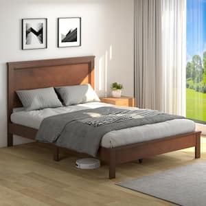 Walnut Wood Full Platform Bed Frame with Headboard, No Box Spring Needed