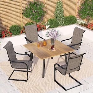 Black 5-Piece Metal Patio Outdoor Dining Set with Wood-Look Square Table and C-Spring Textilene Patio Chairs