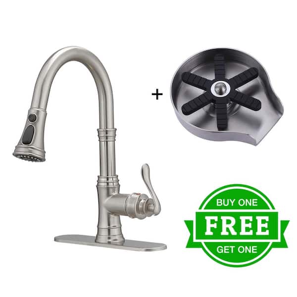 BWE Single Handle Pull-Down Sprayer Kitchen Faucet Bundle Glass Rinser in Brushed Nickel