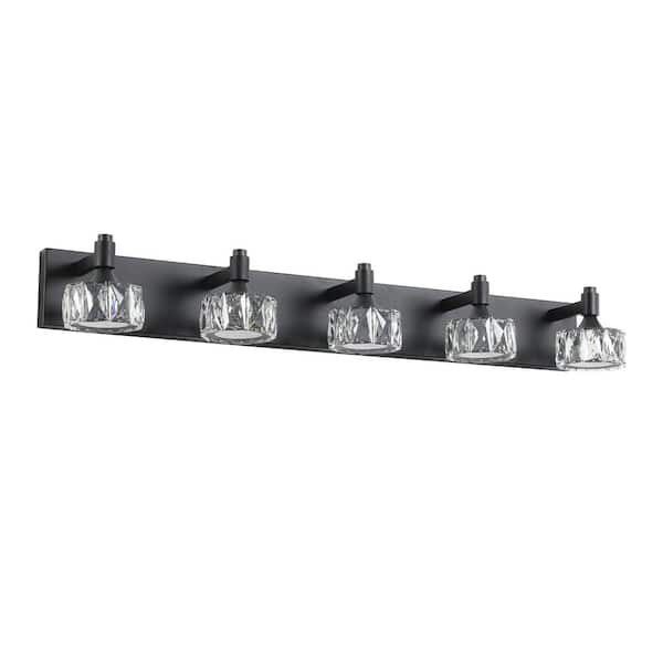 36 in. 5-Light Matte Black LED Vanity Light Fixture with Crystal Glass Shades, Bathroom Wall Sconce