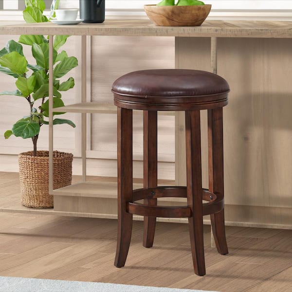 Alaterre Furniture Natick 25 in. Round Distressed Walnut Counter Height Backless Wood Stool with Cushioned Seat