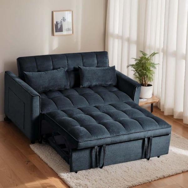 52.75 in. Black Velvet Full 3 in 1 Sleeper Sofa Bed Pullout Loveseat Futon Couches with Side Pocket, Adjustable Backrest