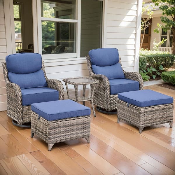 Arcadia Gray 5-Piece Wicker Swivel Rocker Patio Conversation Set with 6 in. Thick Navy Blue Cushions and Ottomans