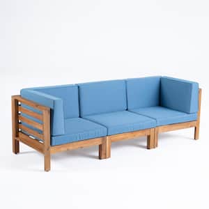 Oana Teak Brown 3-Piece Wood Outdoor Patio Sofa with Blue Cushions