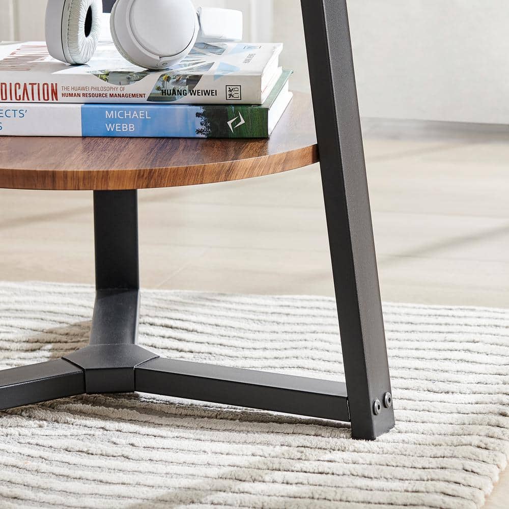 Walnut and Black Round Two-Tier Accent Table with Metal Legs
